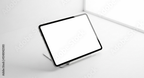Modern tablet with blank white screen on a minimalist white surface.