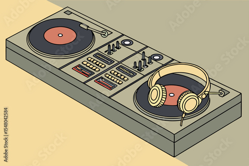 Modern dj booth with turntables and headphones illustration