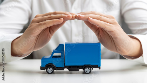 A product photography shot of a small blue toy delivery truck with a black cab and trailer, positioned on a white surface.