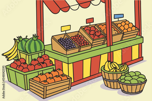 Vibrant fruit market stall with baskets and produce