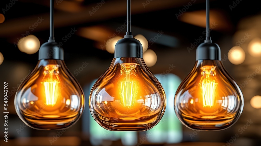 Obraz premium Hanging edison light bulbs emitting inviting glow illuminate blurred industrial style interior