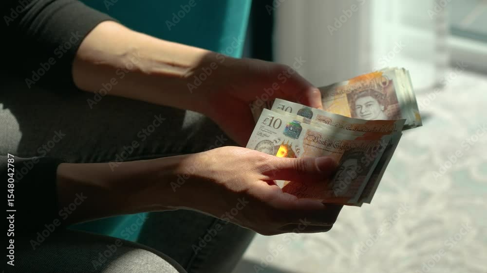 Unrecognizable woman counting UK pound bills near sunlit window. Hands organizing stack of British money in calm daylight. Counting cash while seated in bright cozy room with soft shadows on floor