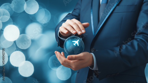 A professional business photo of hands in a dark navy suit holding a glowing blue digital globe icon with a flying airplane symbol.