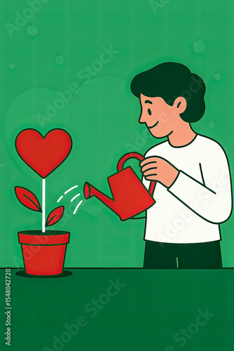 Illustrated person watering heart-shaped plant on green background