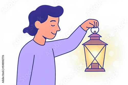 Illustrated person holding glowing lantern on solid white background with soft bokeh