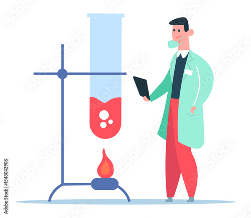 Laboratory technician wearing lab coat and mask, heating a test tube containing a red boiling liquid with a bunsen burner and taking notes on a tablet, conducting scientific experiment
