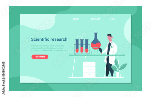 Landing page template showing scientist doing scientific research in laboratory using test tubes and flasks, holding tablet, with drawer cabinet and plant, healthcare and experiment concept