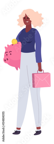 Businesswoman holding a pink briefcase and inserting a gold coin into a piggy bank, managing personal finance and accumulating wealth for future growth