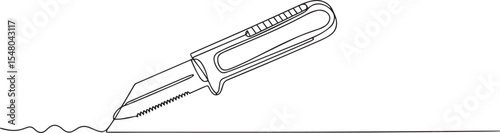 continuous single line drawing of a utility knife with textured handle and retracted blade on white background
