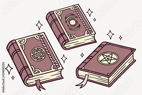 Magical books with runes fantasy vector illustration set