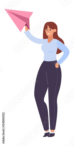 Businesswoman holding and launching pink paper airplane, new business or startup concept, flat cartoon vector illustration isolated on white background