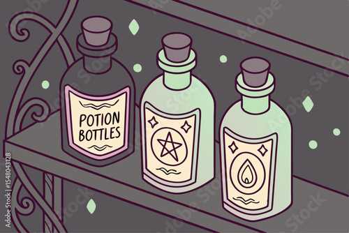 Fantasy potion bottles with glowing liquid graphic set