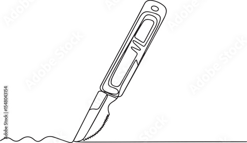 continuous single line drawing of a utility knife with textured handle and retracted blade on white background