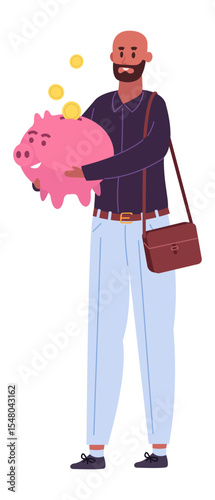 Happy man investing money inserting gold coins in pink piggy bank, saving cash for future, accumulating savings and managing personal finance, successful investment and banking concept