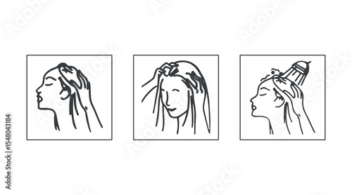 Hair care and treatment icons of vector woman beauty salon set. Thin line shampoo, dye conditioner, brush, Outline woman head with health hair,