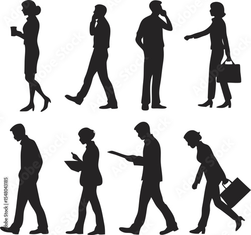 Business People Silhouettes: A collection of eight diverse business people silhouettes, showcasing various postures and actions in a minimalist design.  Perfect for presentations, reports.
