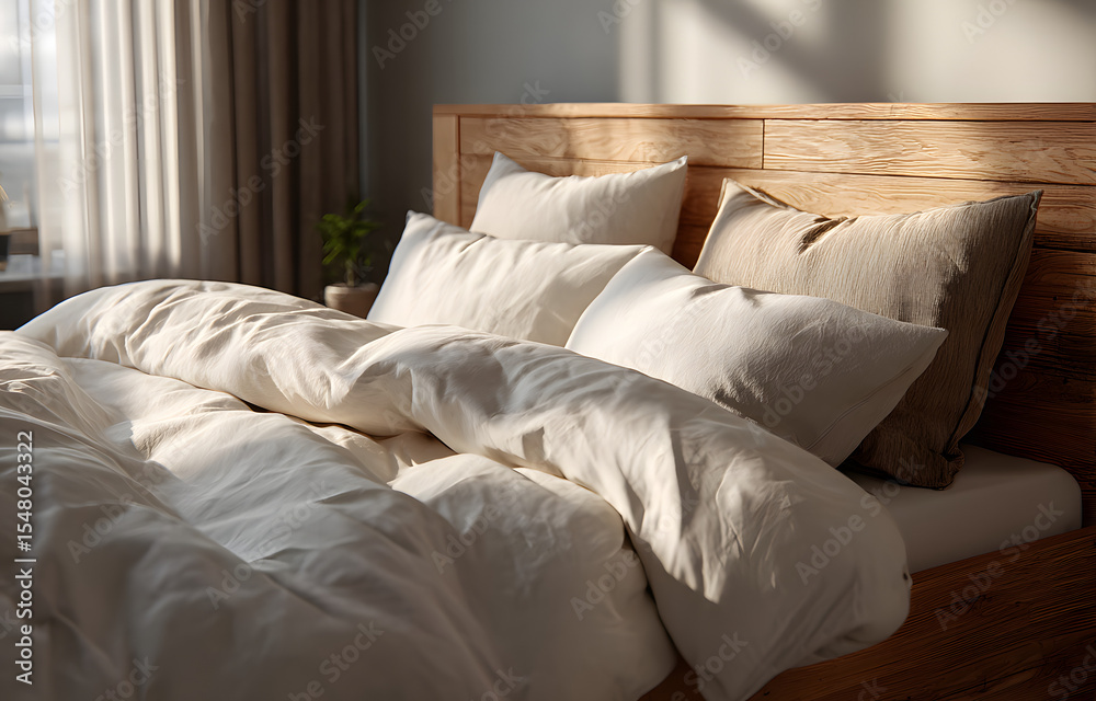 Obraz premium Wooden double bed with white bedding, ai generated