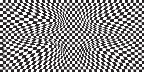  black and white wavy checkerboard background. Retro psychedelic checkered wallpaper. Wavy groovy chessboard surface. Distorted geometric pattern. Trendy modern. eps 10