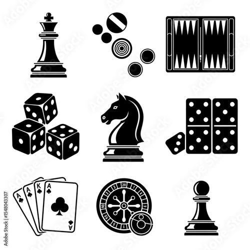 Collection of Black and White Gambling Icons Featuring Chess, Cards, and Dice