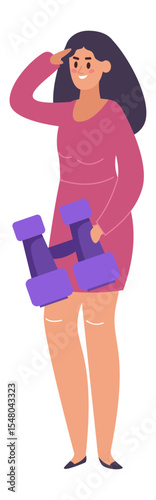 Smiling businesswoman is holding binoculars and looking into the distance, searching for new business opportunities and planning future success