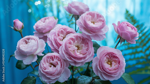 A soft, dreamy photograph of pink roses against a bright turquoise blue background