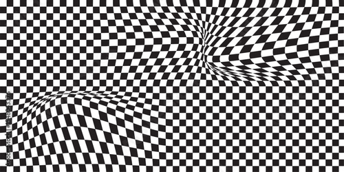  black and white wavy checkerboard background. Retro psychedelic checkered wallpaper. Wavy groovy chessboard surface. Distorted geometric pattern. Trendy modern. eps 10