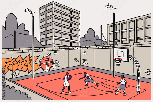 Urban basketball court vector illustration with players