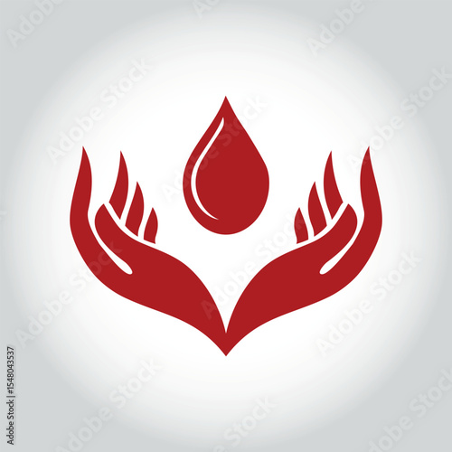 Red blood drop in hand isolated on light Gray ingradient background. blood donation logo, vector design