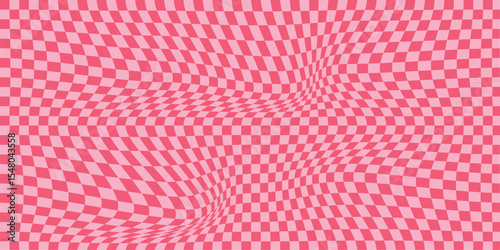  pink Groovy checker seamless pattern, wavy abstract retro checkerboard background. Trippy wave board geometric.  eps 10