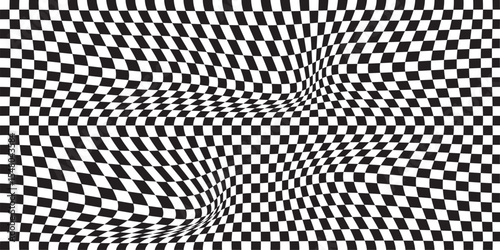  black and white wavy checkerboard background. Retro psychedelic checkered wallpaper. Wavy groovy chessboard surface. Distorted geometric pattern. Trendy modern. eps 10