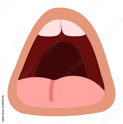 Cartoon open mouth showing tongue and teeth, suitable for illustrations related to communication, speech, singing, or expressions of surprise or fear