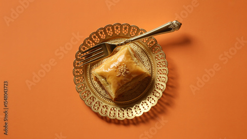 A top-down view of a golden-brown baklava pastry on an ornate gold-colored metal plate with intricate filigree patterns