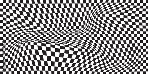  black and white wavy checkerboard background. Retro psychedelic checkered wallpaper. Wavy groovy chessboard surface. Distorted geometric pattern. Trendy modern. eps 10