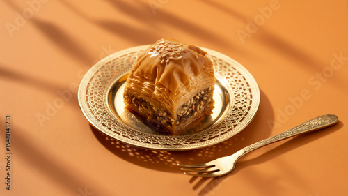 A top-down view of a golden-brown baklava pastry on an ornate gold-colored metal plate with intricate filigree patterns
