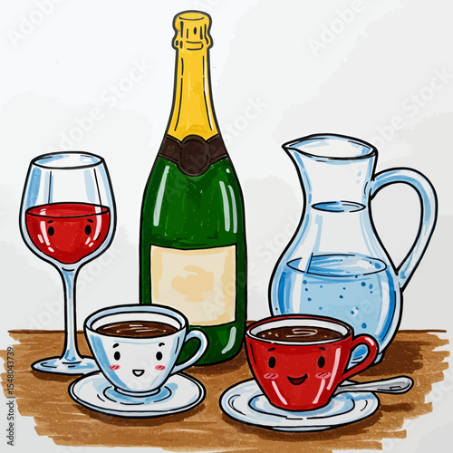 Colorful assortment of beverages featuring wine, champagne, coffee, and water composition