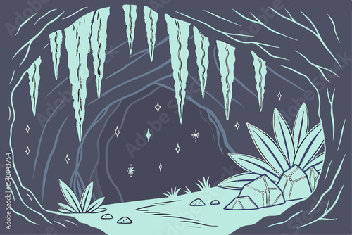 Glowing crystal cave stalactites vector illustration