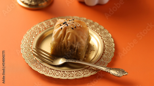 A top-down view of a golden-brown baklava pastry on an ornate gold-colored metal plate with intricate filigree patterns