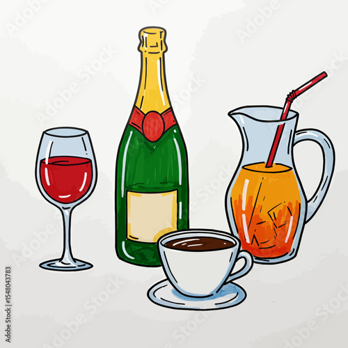 Elegant assortment of beverages: wine, champagne, juice, and coffee for celebrations