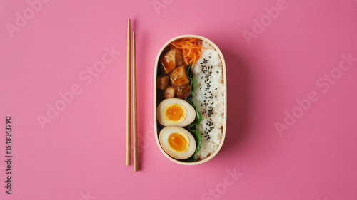 A top-down view of a Japanese bento box lunch photographed on a solid pink background