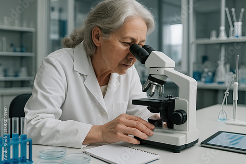Elderly Female Scientist Observing Through Microscope in Modern Laboratory