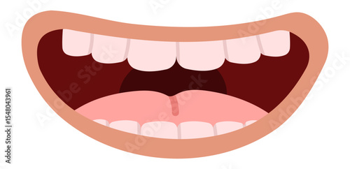 Cartoon open mouth displaying tongue and teeth, expressing a range of emotions such as screaming, singing, laughing, or feeling pain, isolated on a clean white background