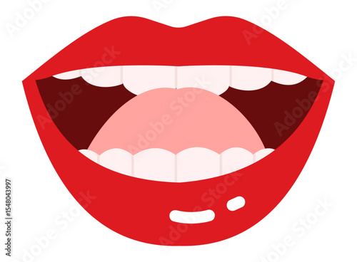 Cartoon illustration featuring vibrant red lips playfully displaying a tongue and teeth while engaging in talking, singing, shouting, or laughing, all set against a clean white background