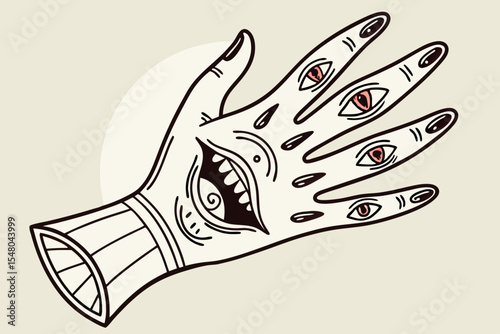 Surreal hand with eyes and mouths vector illustration