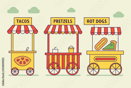 Street food cart illustrations tacos pretzels and more