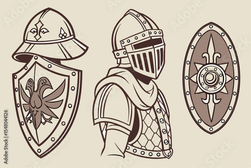 Fantasy armor and helmet set vector illustrations