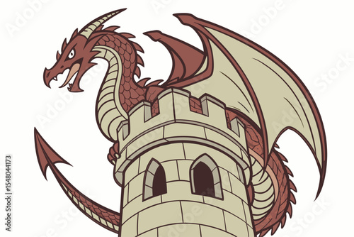 Majestic dragon curled around a castle turret