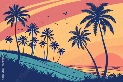 Tropical sunset palm trees beach landscape illustration