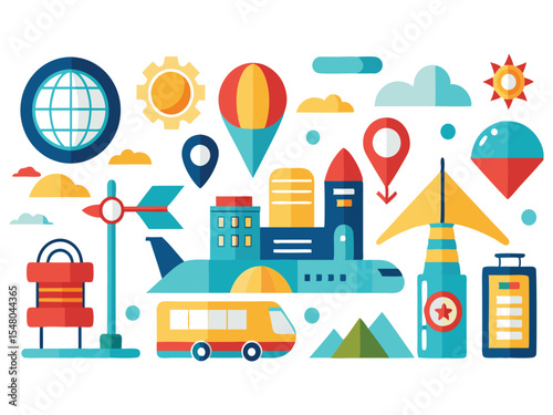 Colorful travel icons airplane bus city globe hot air balloon isolated on white background
