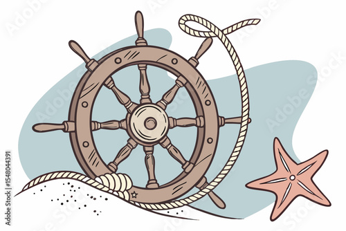 Nautical ship wheel with starfish and seashells design