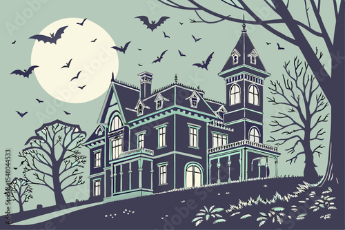 Victorian manor house with bats and moon halloween vector illustration